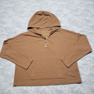Toad & Co Top Womens Large Brown Cropped Hooded Front Pocket Quarter Button